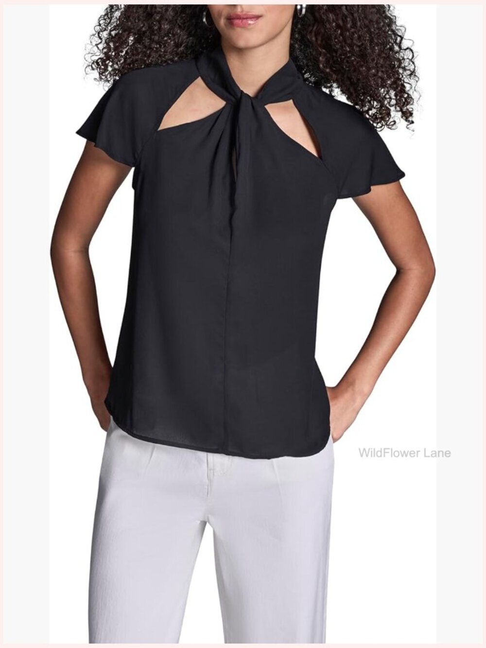 Short Flutter Sleeve Top with Cutout Mock Neck Top